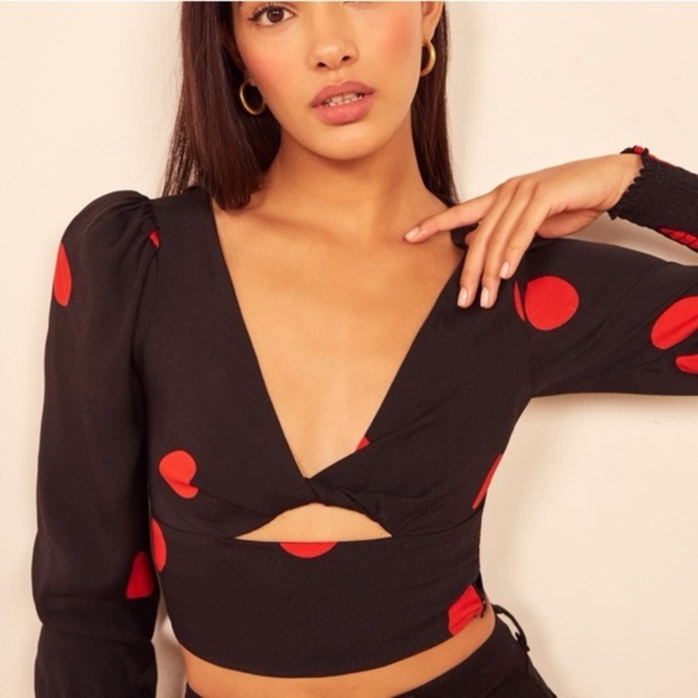 Reformation Black and Red Polka Dot Crop Top